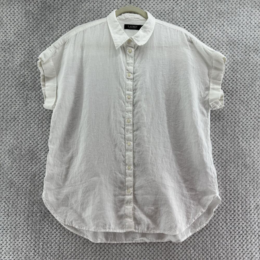 Lauren Ralph Lauren Linen Button Front Shirt Womens XL White Cap Short Sleeve